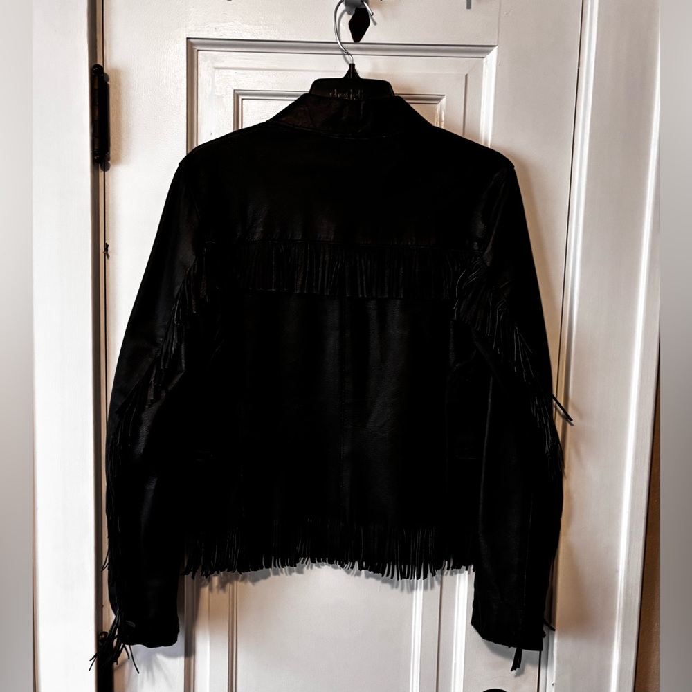 Faux leather fringed jacket